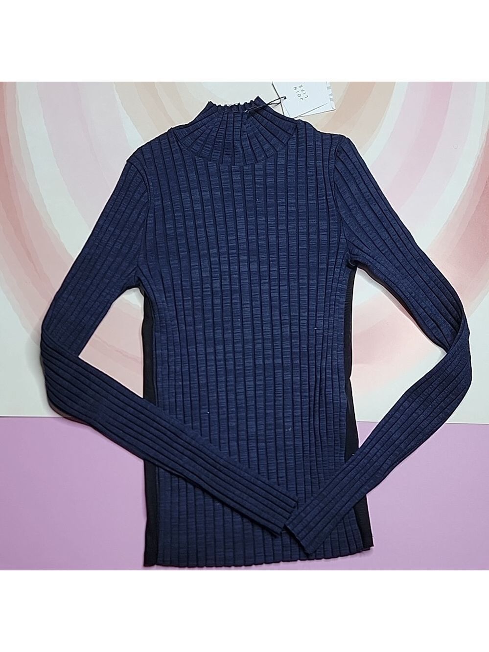 Zara Navy Ribbed Sheer Back Top